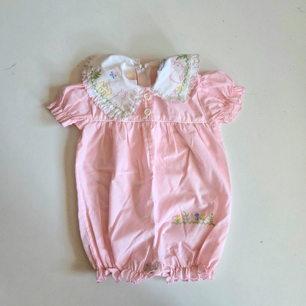 Vintage Baby Girls One Piece Embroidered Collar Pink 12 - 18M?